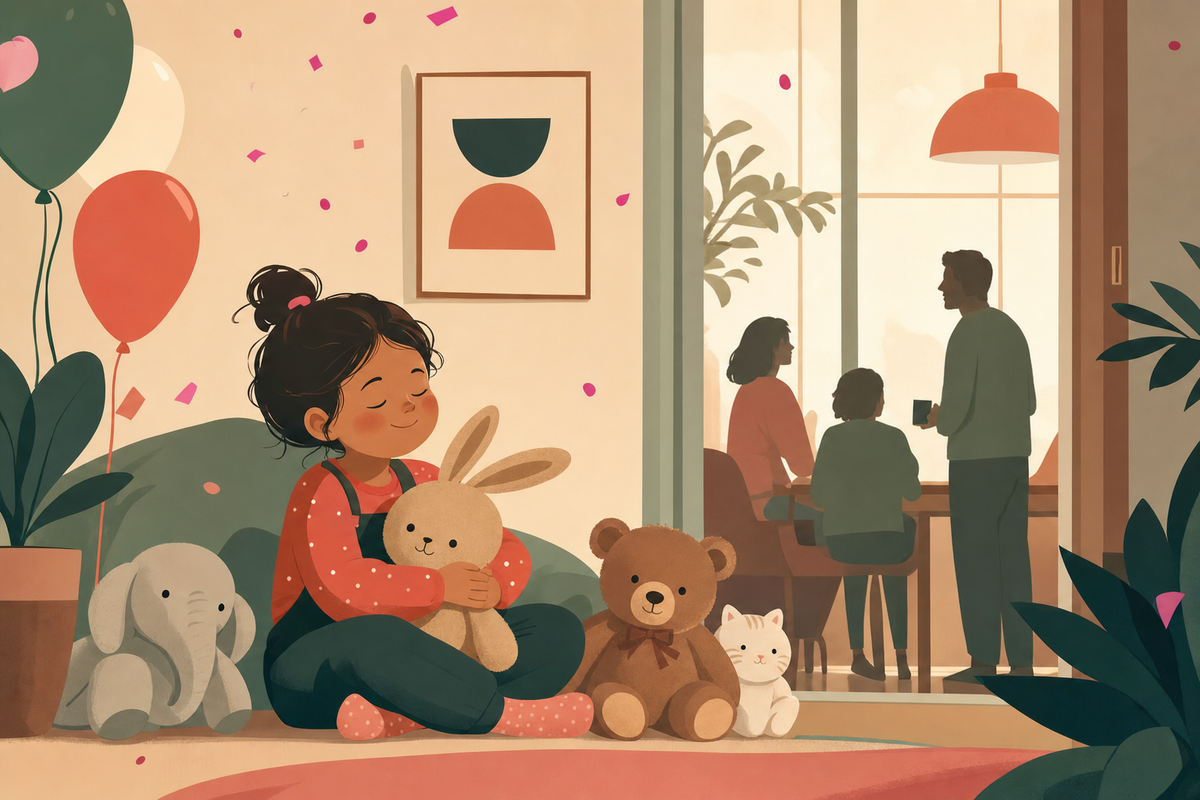 Illustration of a child in a quiet space with a few balloons while family members are visible in the background, representing a low-key birthday celebration that balances the child's needs with family expectations