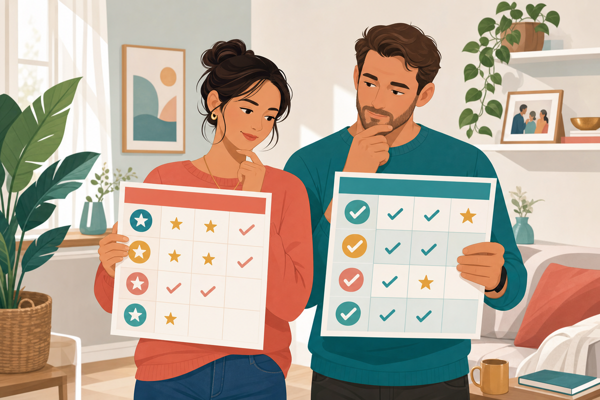 Two parents comparing different behavior tracking charts in a modern home setting