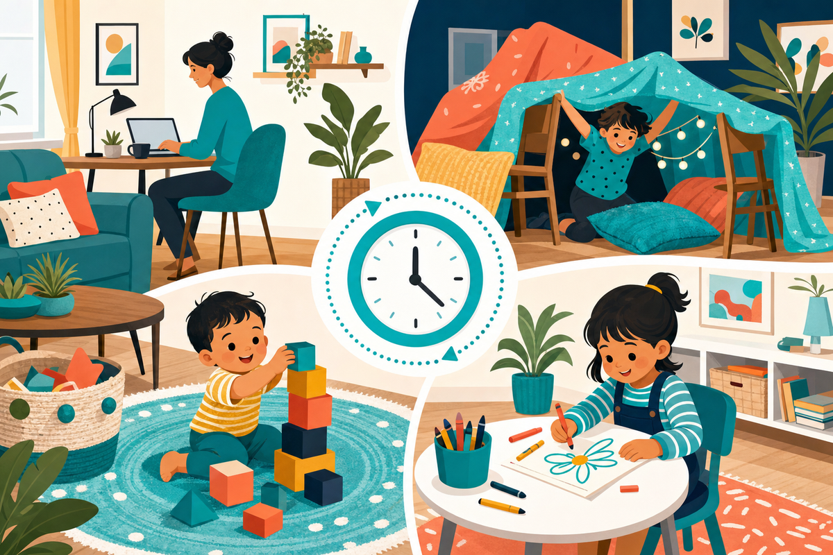 Flat illustration of children doing screen-free activities like building blocks, a pillow fort, and drawing at home while a parent works nearby, in a bright teal-accented modern style.