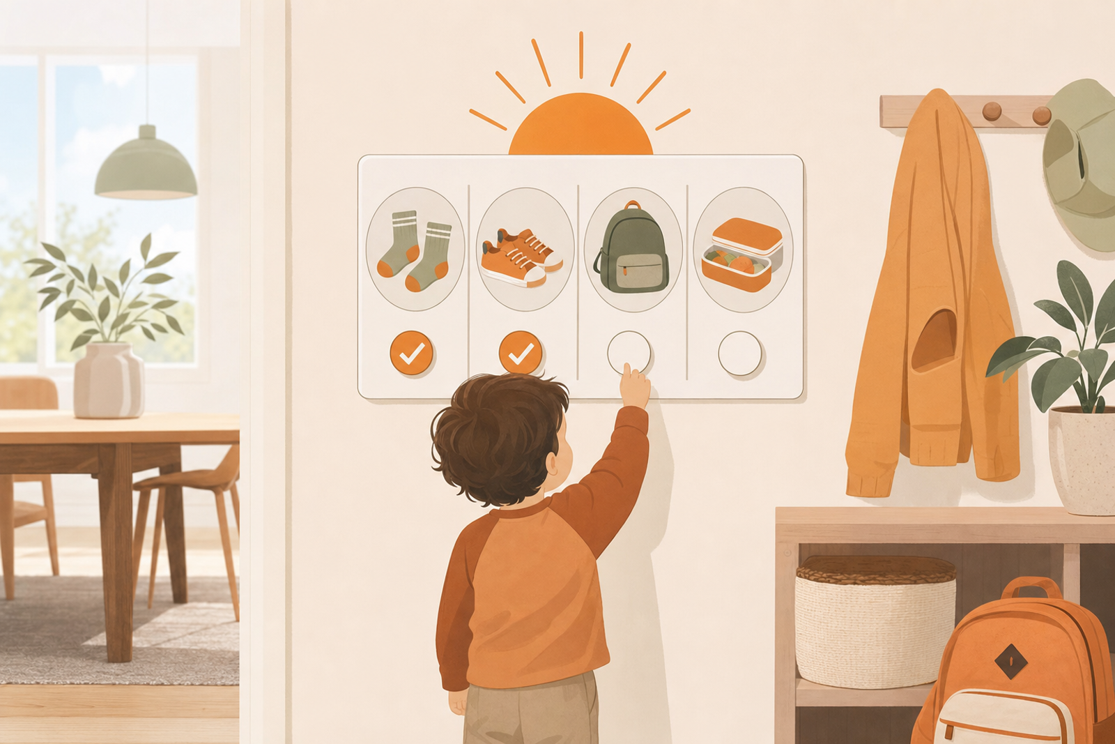 Flat illustration of a child checking a visual morning routine chart with icons for school items in a calm, organized setting
