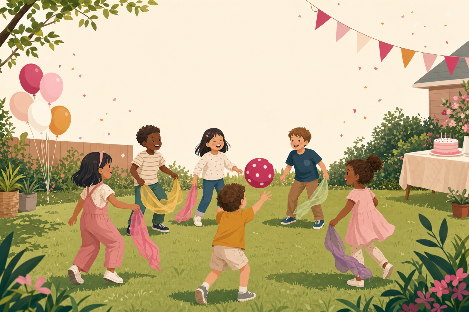 Flat illustration of a small diverse group of children playing a group game together with a ball and scarves at an outdoor birthday party, with balloons, bunting, and a cake in the background.