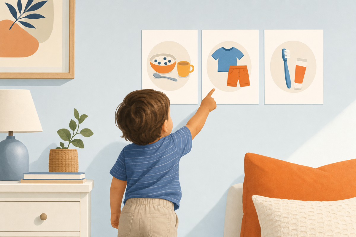 Toddler looking at a visual picture schedule on the wall showing morning routine activities