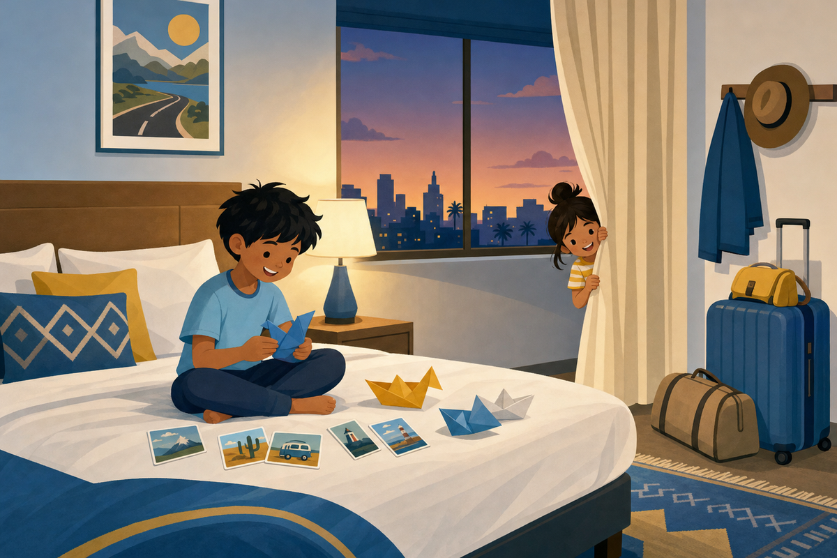Flat illustration of children playing screen-free games in a cozy hotel room after a road trip, with suitcases and soft evening light in sky-blue and sunshine tones.