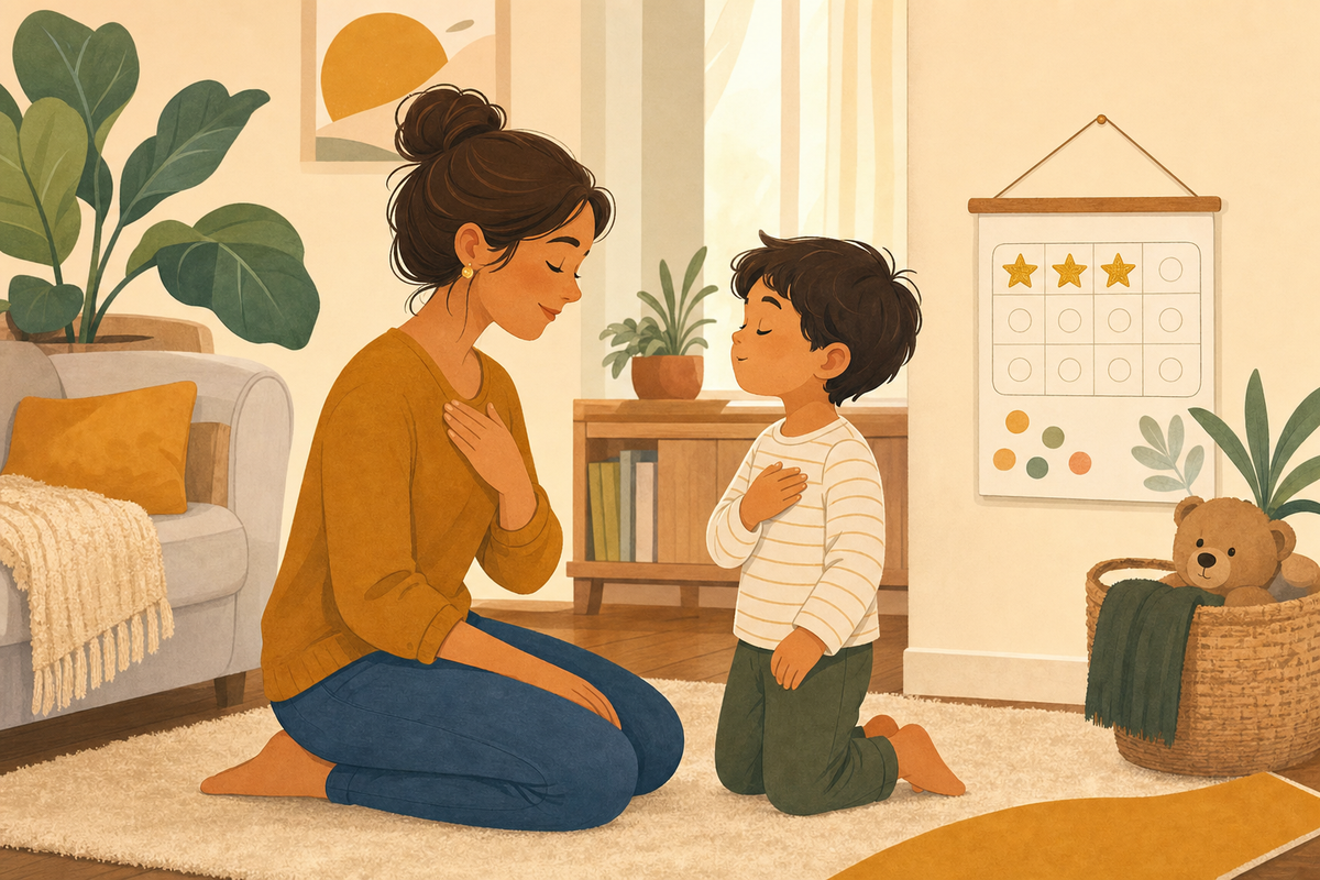 A parent calmly kneeling with a young child, both breathing together, with a sticker chart with gold stars on the wall nearby.