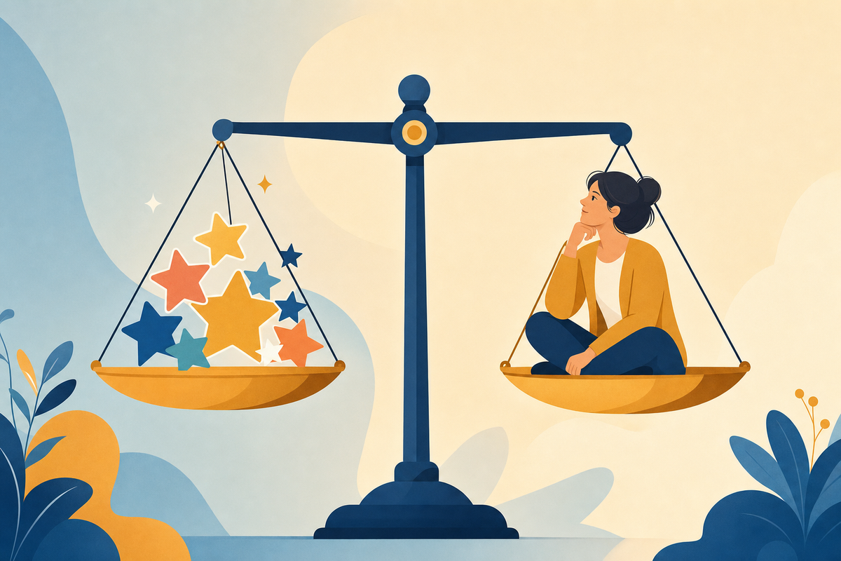 An illustrated balance scale weighing colorful reward stickers against thoughtful parenting decisions, representing the debate around using reward charts