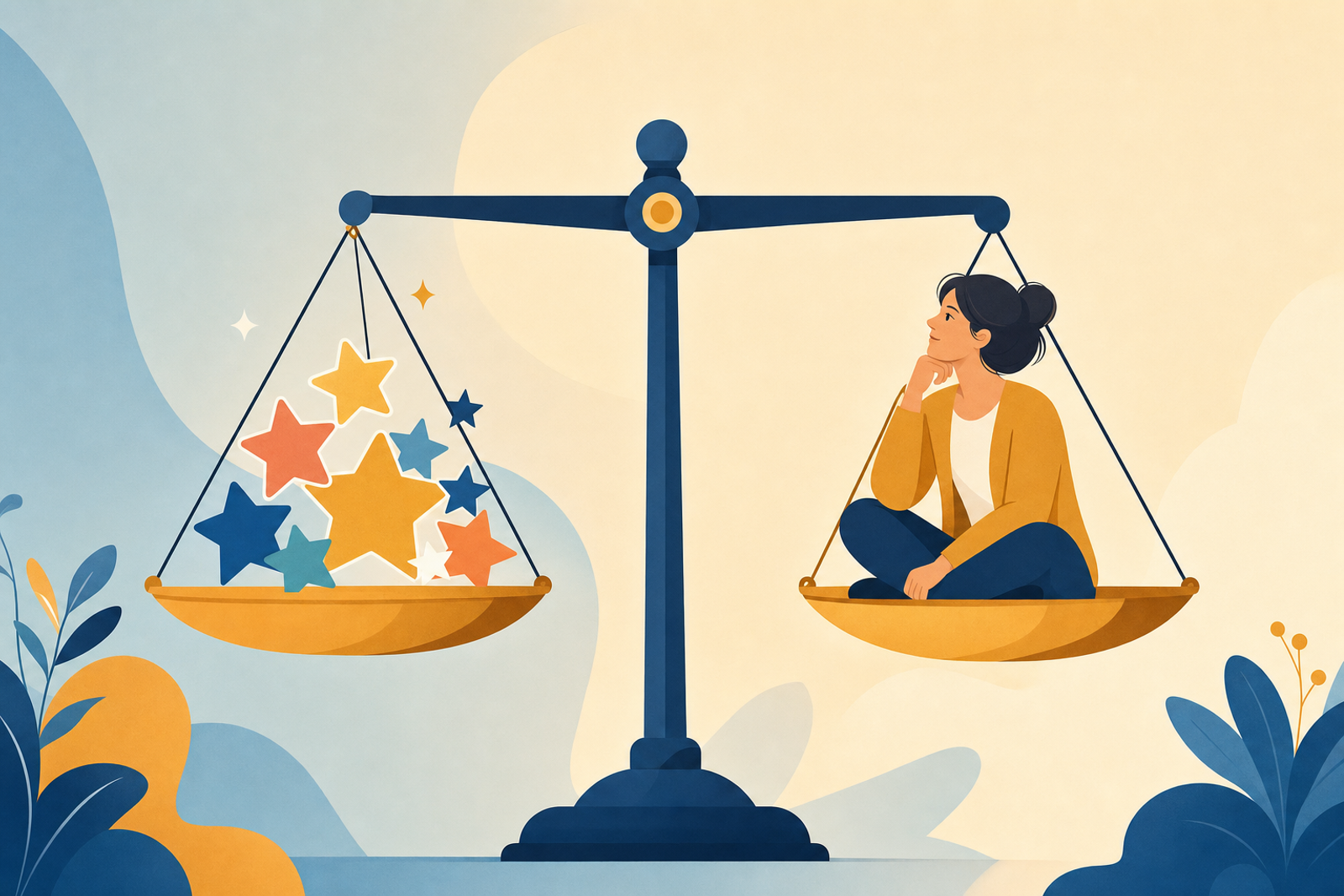 An illustrated balance scale weighing colorful reward stickers against thoughtful parenting decisions, representing the debate around using reward charts