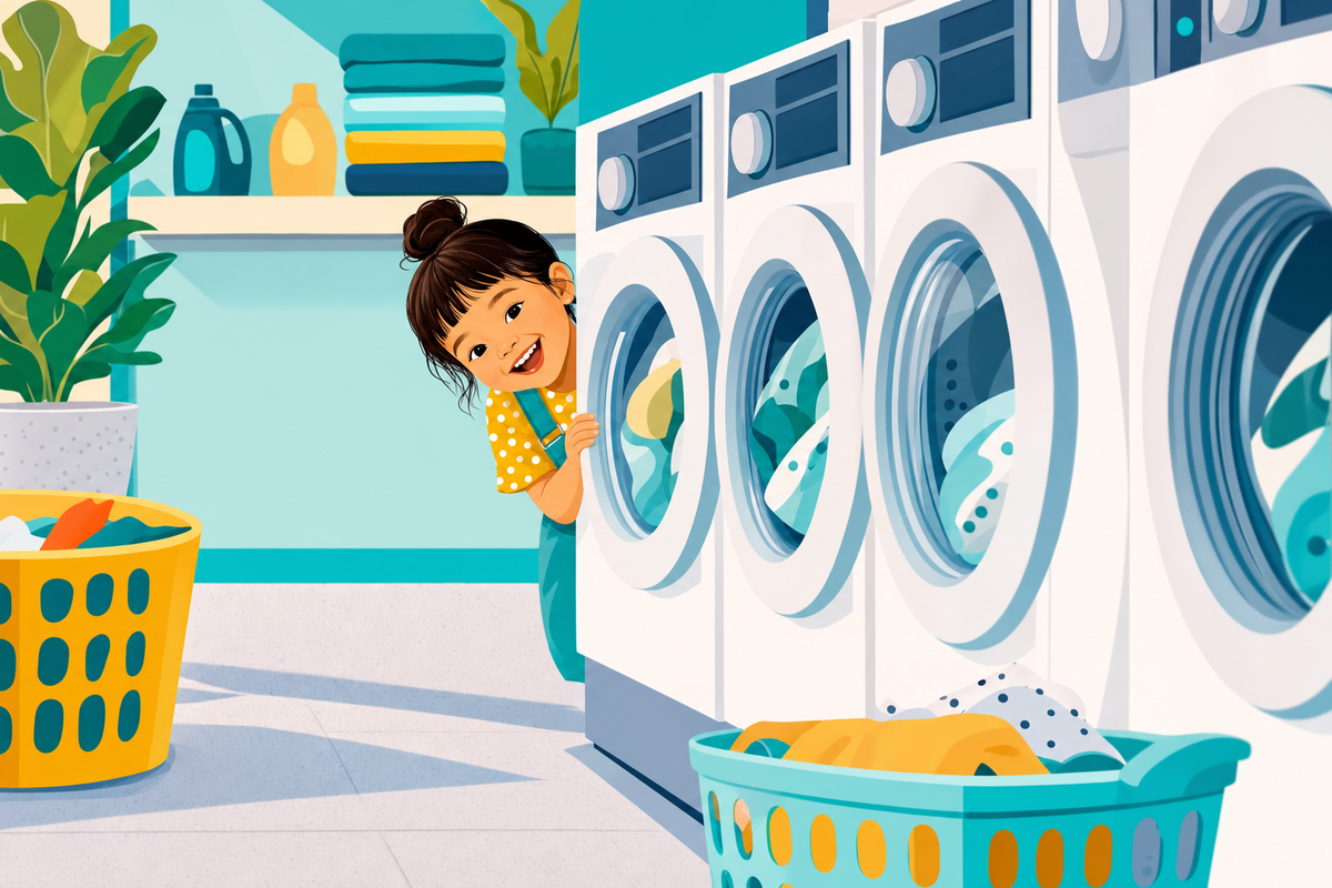 Child playing peek-a-boo in a cheerful laundromat with washing machines and colorful laundry baskets