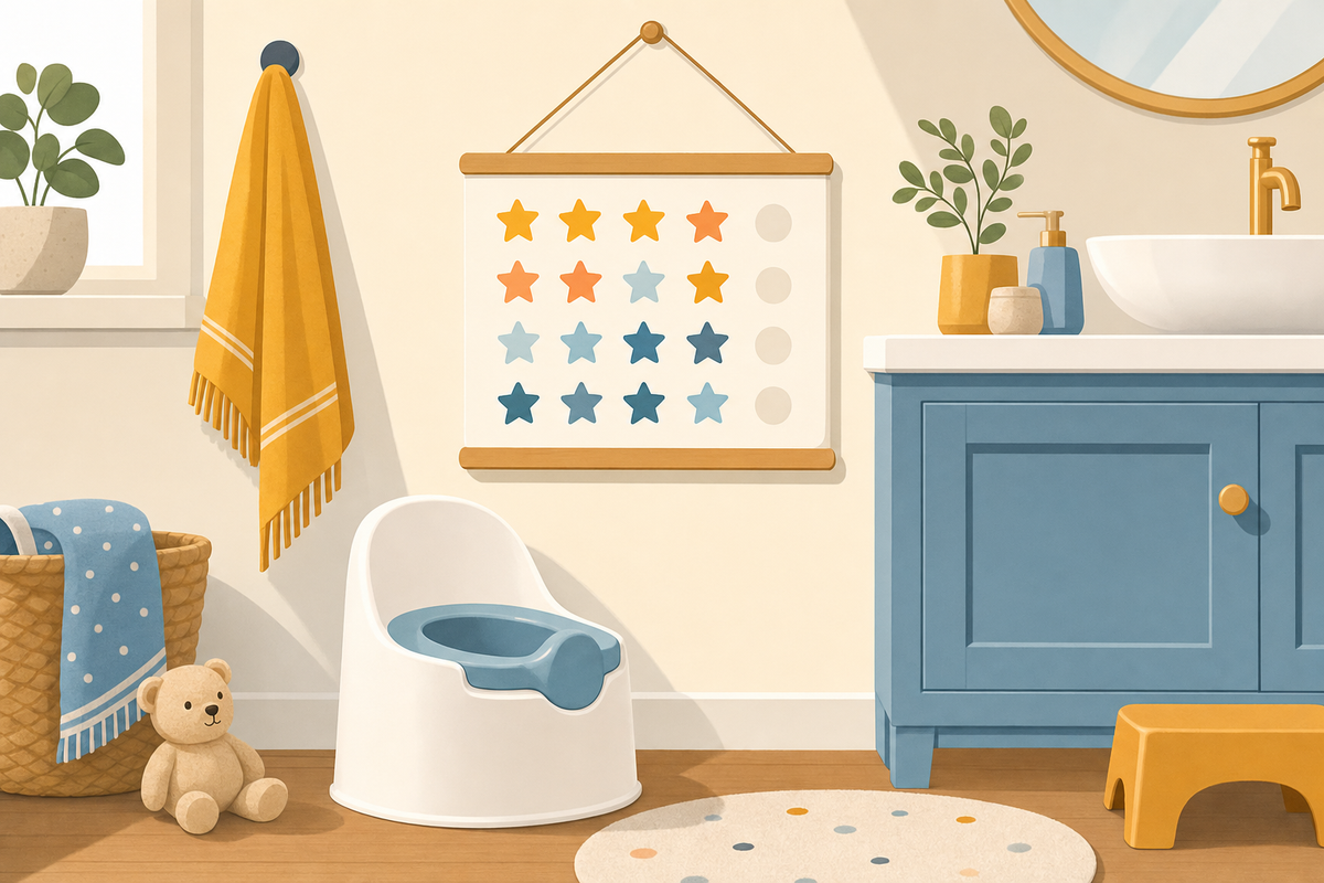 Cheerful illustration of a potty training setup with a small potty chair and star chart on the wall