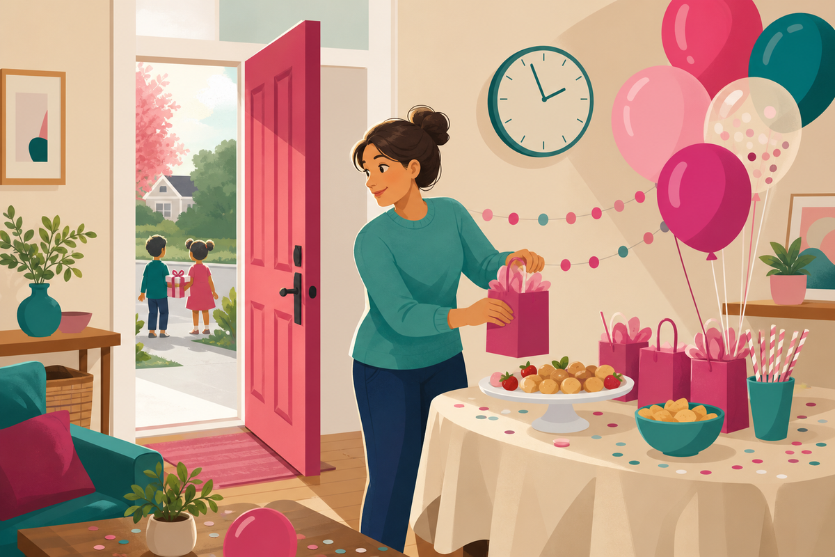 Flat illustration of a parent finishing party setup as two young guests arrive early at the front door, representing a plan for handling early arrivals at a kids' birthday party.