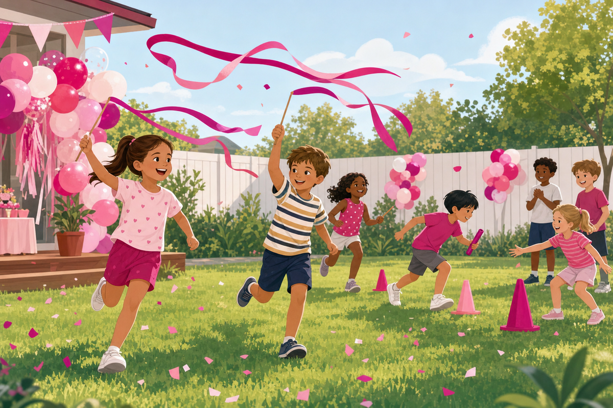 Illustration of children playing energetic outdoor games at a backyard birthday party with colorful decorations