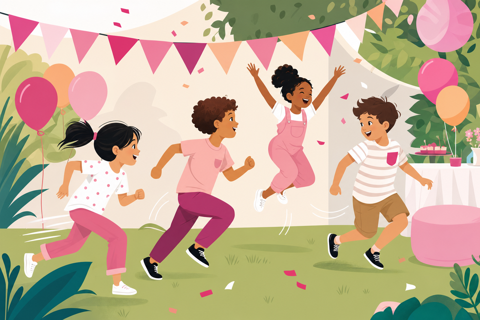 Illustration of energetic children playing actively at a birthday party with festive decorations
