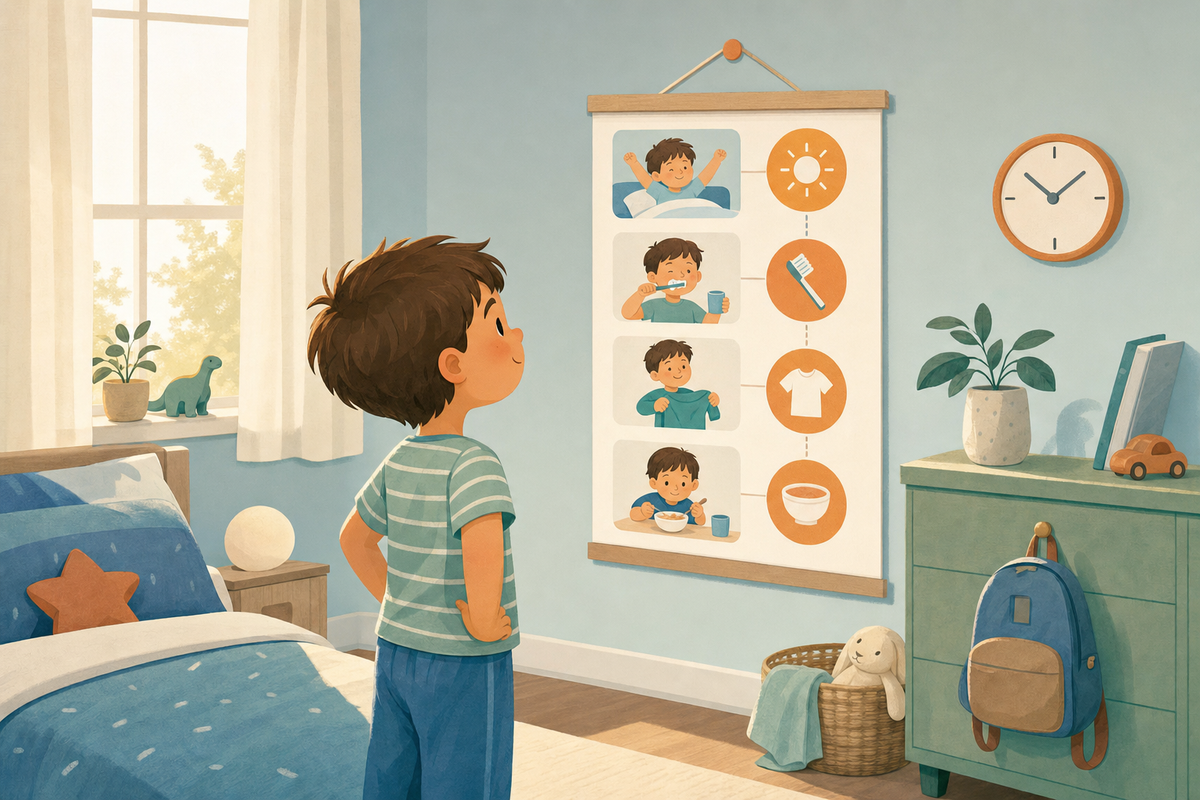 Illustration of a young child looking at a colorful visual morning routine chart with icons for waking up, brushing teeth, dressing, and eating breakfast.
