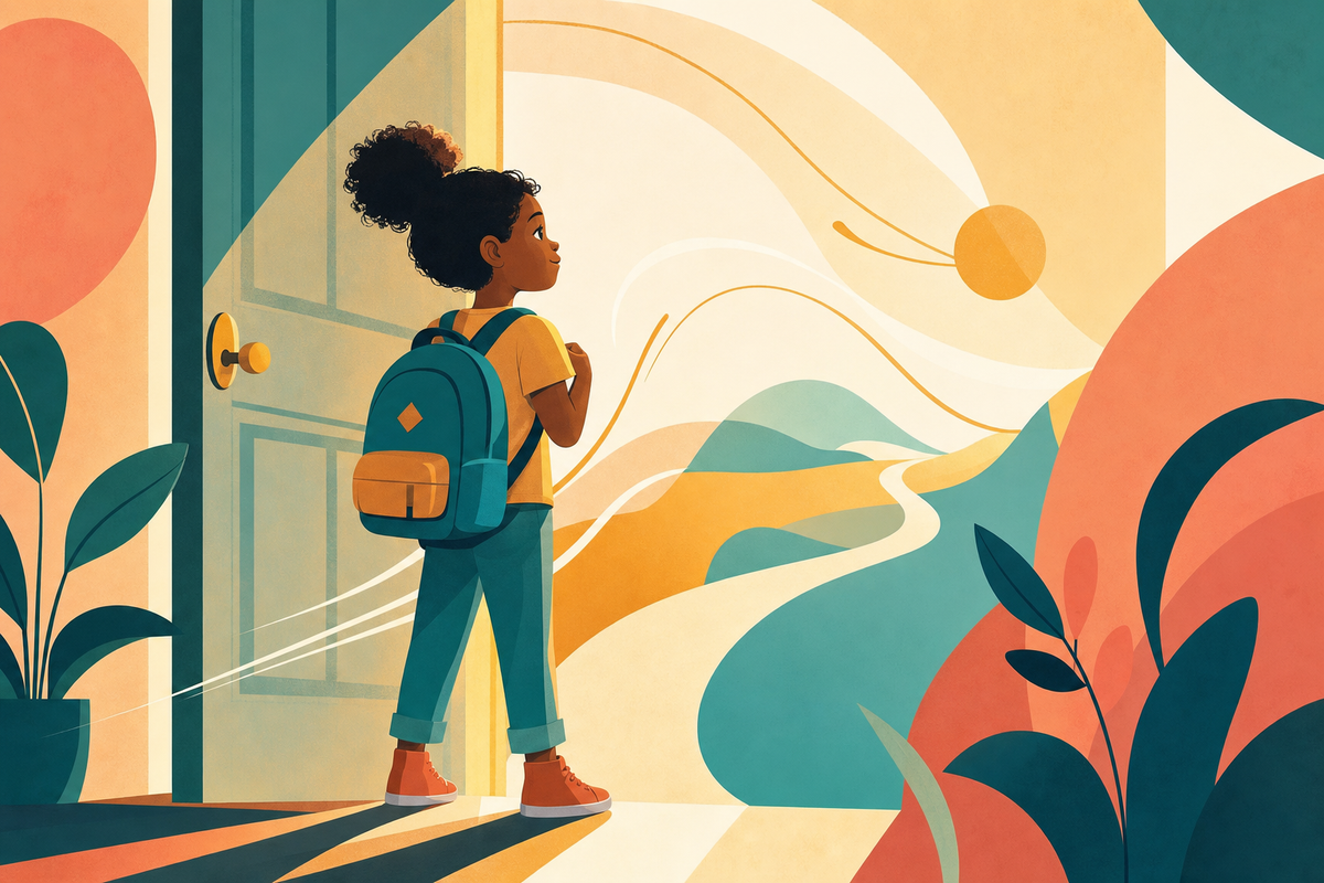Illustration of a confident child at a doorway ready to embrace new experiences and transitions