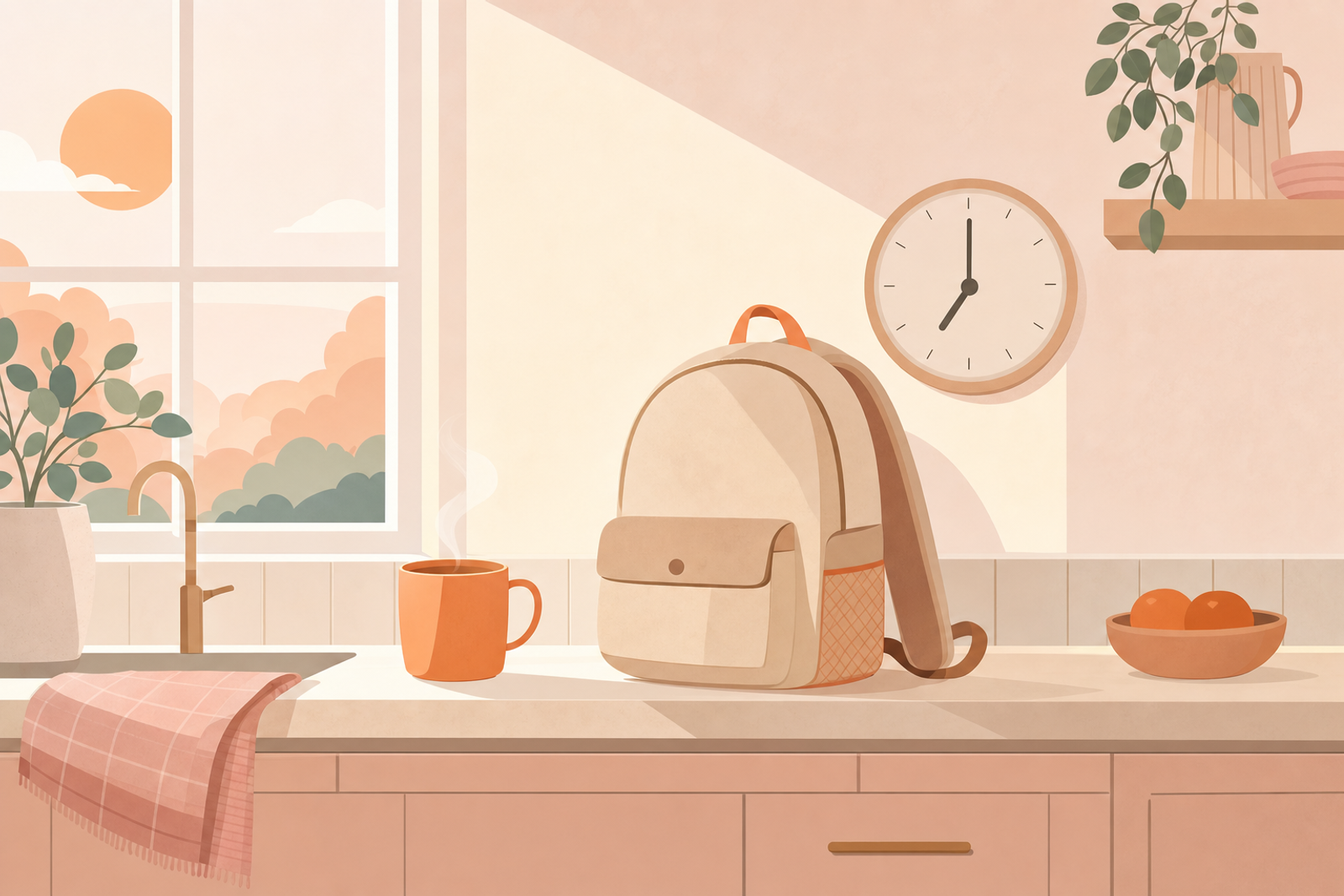 Minimalist morning scene with coffee cup, backpack and clock representing a peaceful school morning routine