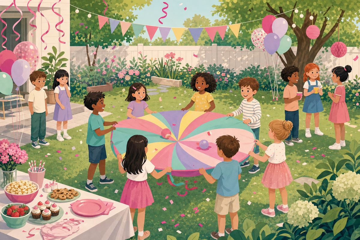 Flat illustration of children at a birthday party slowly warming up to each other through simple group play, set against a festive pastel and confetti-pink backyard scene.