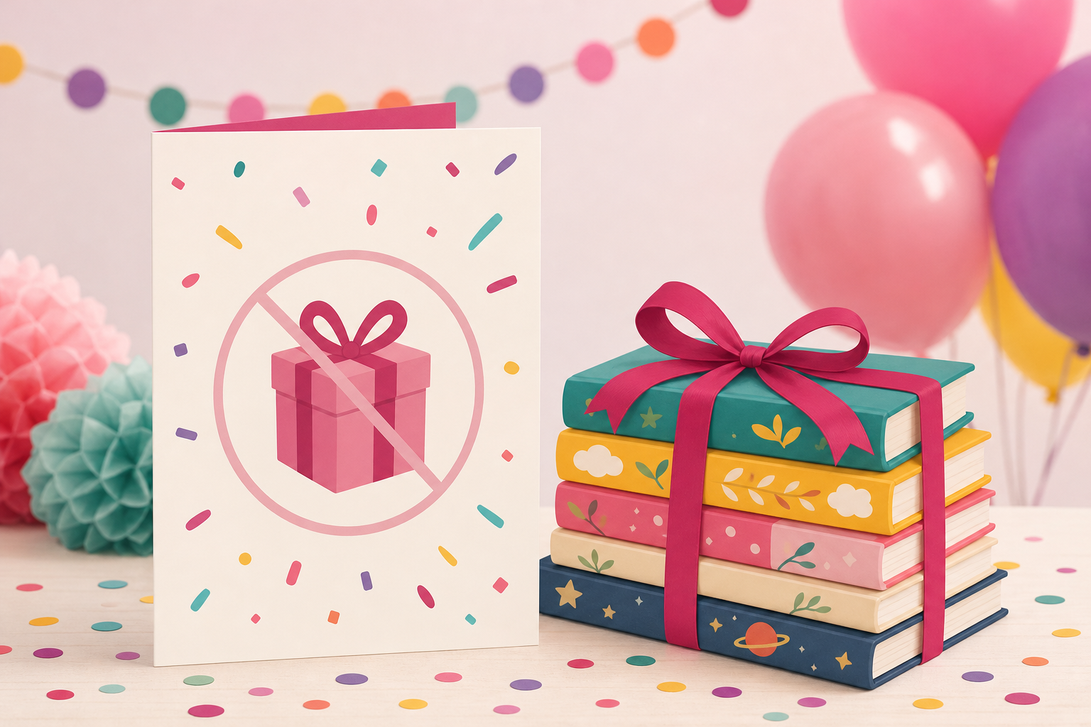 Flat illustration of a birthday invitation card with a crossed-out gift box icon and a stack of books tied with a ribbon, surrounded by confetti, symbolizing a no-gifts-books-welcome party request.