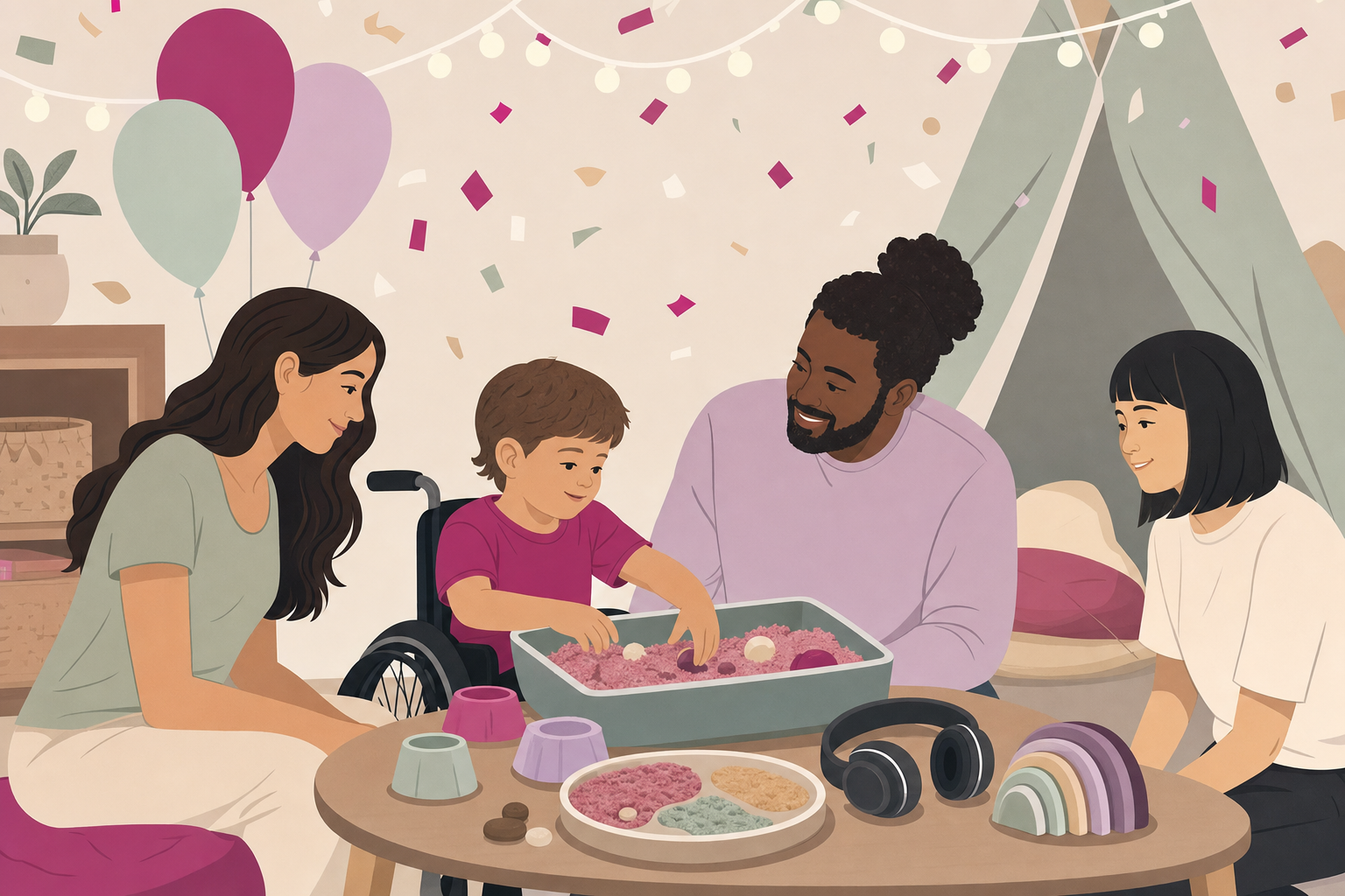 Illustration of an inclusive birthday party setup featuring accessible activities and sensory-friendly accommodations for children with special needs