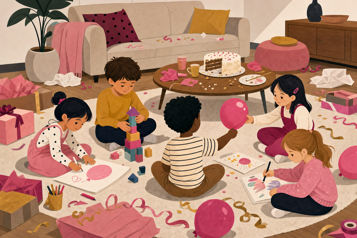 Flat illustration of children calmly playing quiet games on a rug after a birthday party, surrounded by leftover cake and decorations.