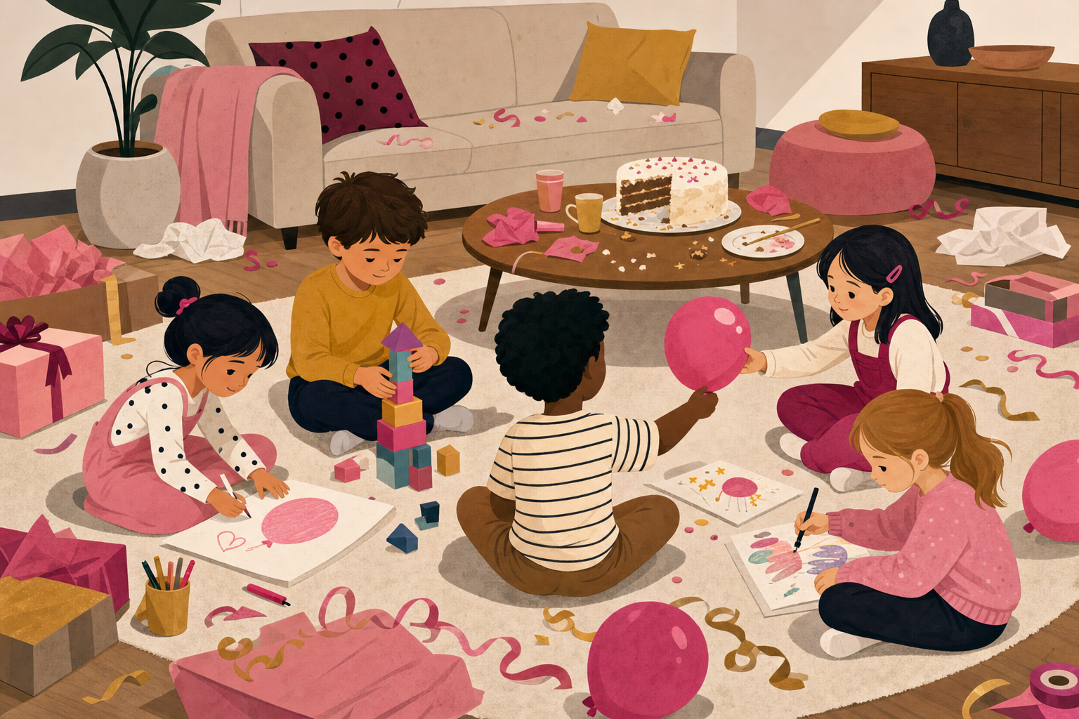 Flat illustration of children calmly playing quiet games on a rug after a birthday party, surrounded by leftover cake and decorations.