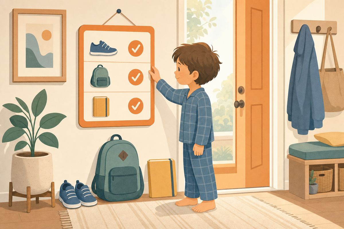 Flat illustration of a child checking a picture-based checklist by the front door with shoes and a backpack ready nearby.