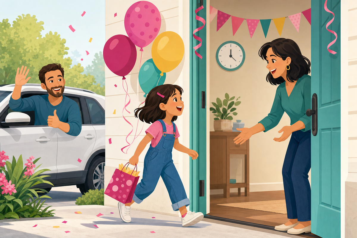 Flat illustration of a child arriving at a birthday party drop-off while a parent waves from the car and another parent welcomes them at the door.
