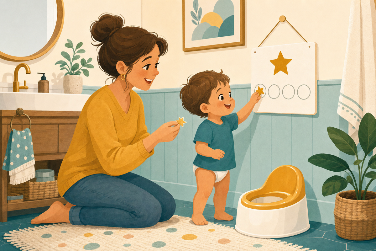 Flat illustration of a parent and toddler smiling together while adding a gold star sticker to a simple reward chart near a potty, symbolizing a gentle reset after a potty training regression.