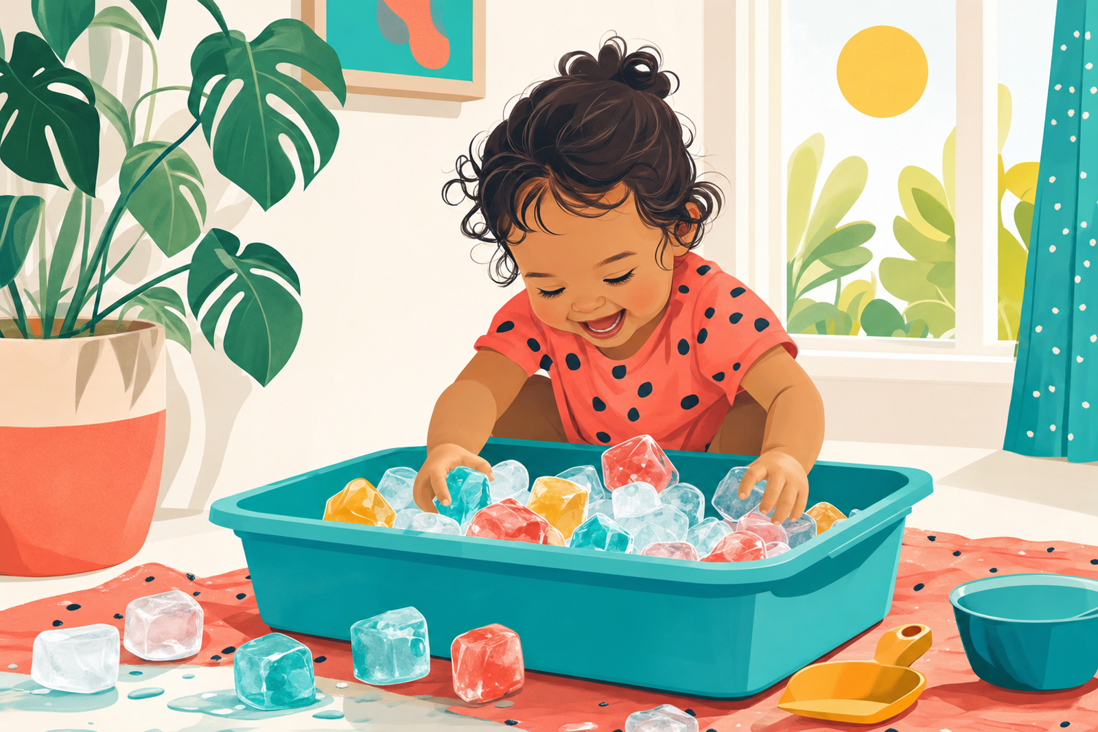 Child playing with ice cubes indoors on a sunny day