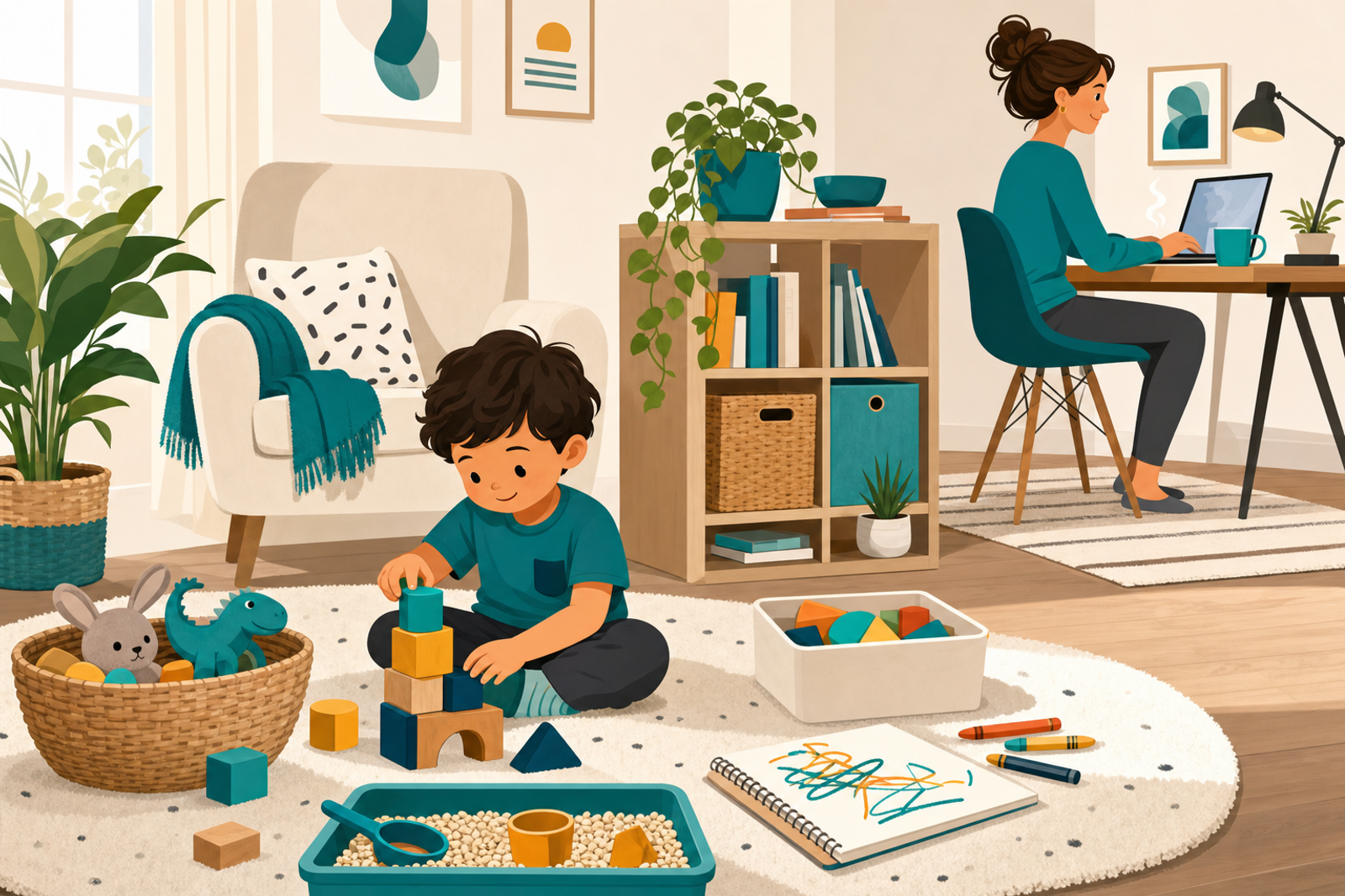 Flat illustration of a parent working on a laptop in the background while a young child happily plays with blocks, shapes, and crayons in a cozy, teal-accented living room.