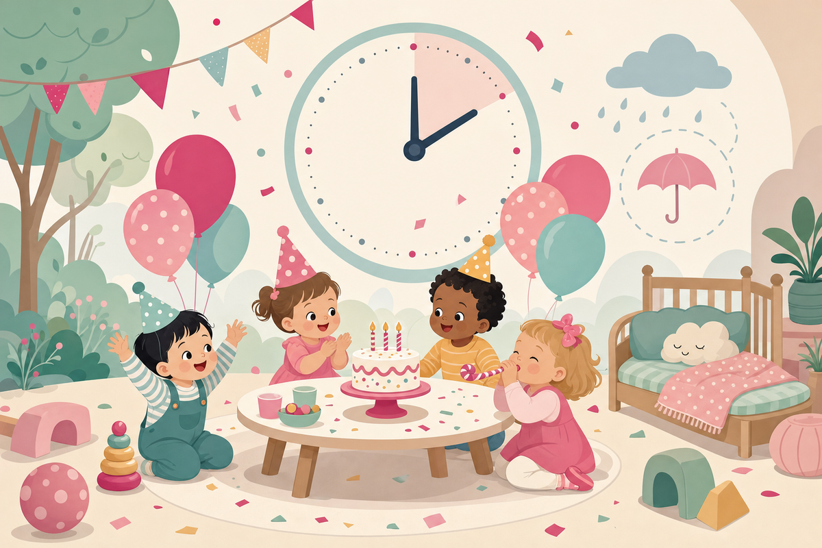 Flat illustration of a toddler birthday party scene with a clock motif, nap area, and rain cloud representing a 90-minute naptime-friendly party timeline with backup plan.