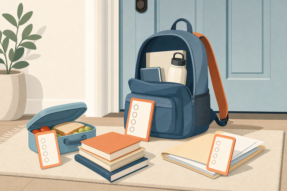 Flat illustration of a school backpack with lunchbox, library books, and homework beside a simple checklist card, representing a printable school bag reset checklist for kids.