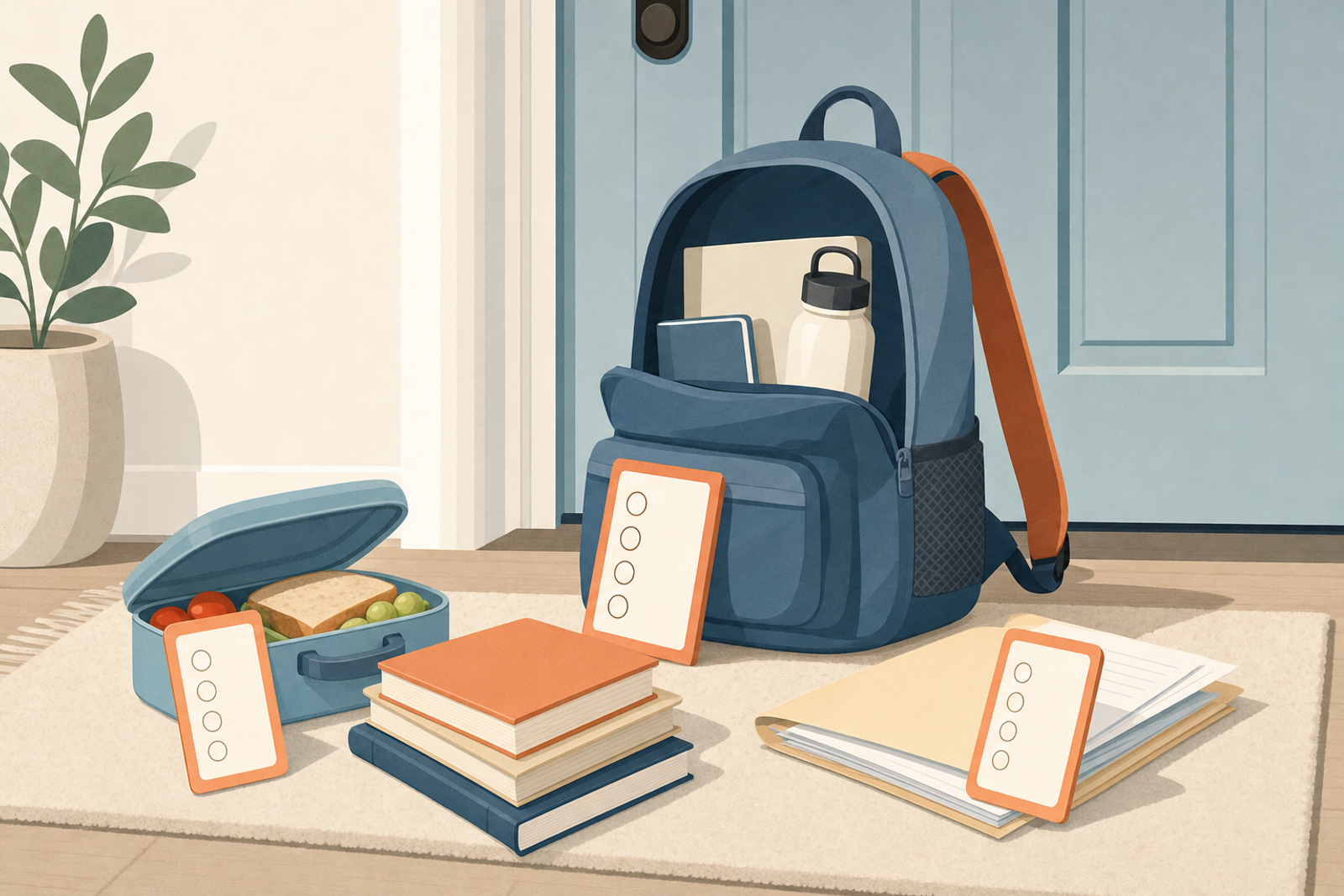 Flat illustration of a school backpack with lunchbox, library books, and homework beside a simple checklist card, representing a printable school bag reset checklist for kids.