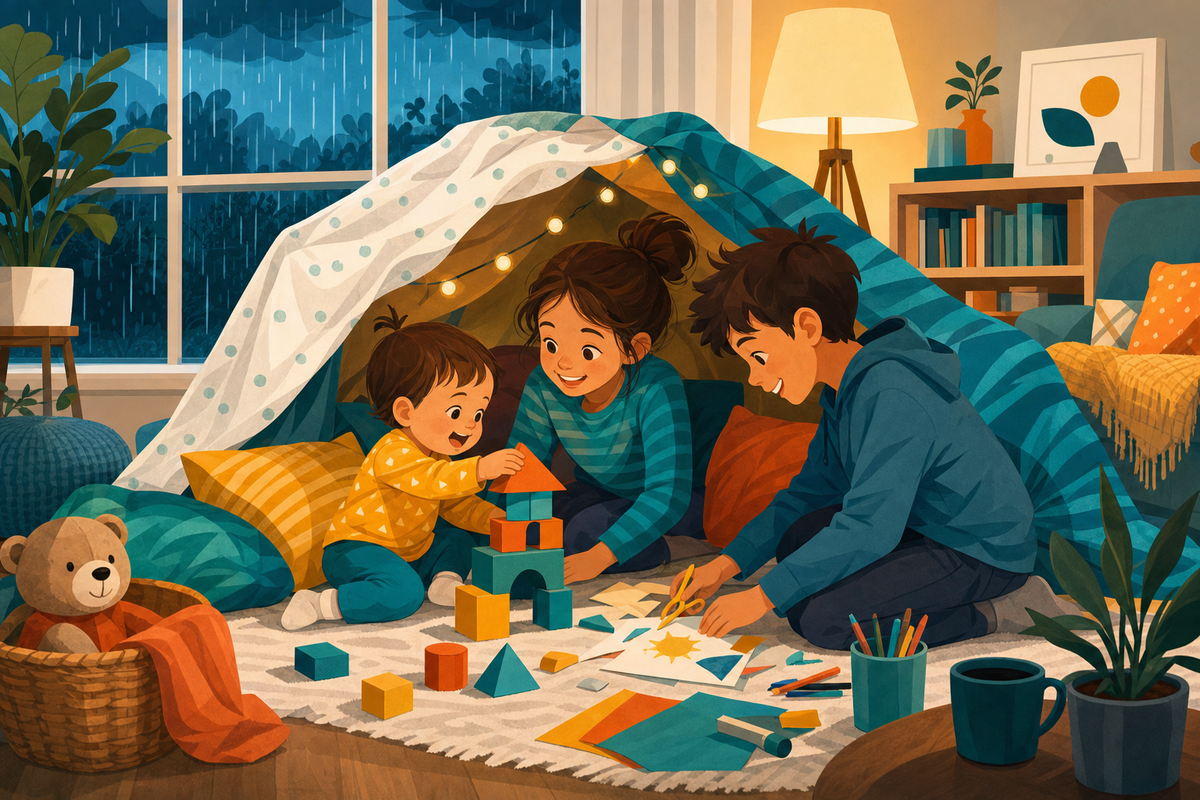 Flat illustration of three siblings of different ages playing happily together indoors on a rainy day, building a pillow fort and doing crafts in a cozy living room.