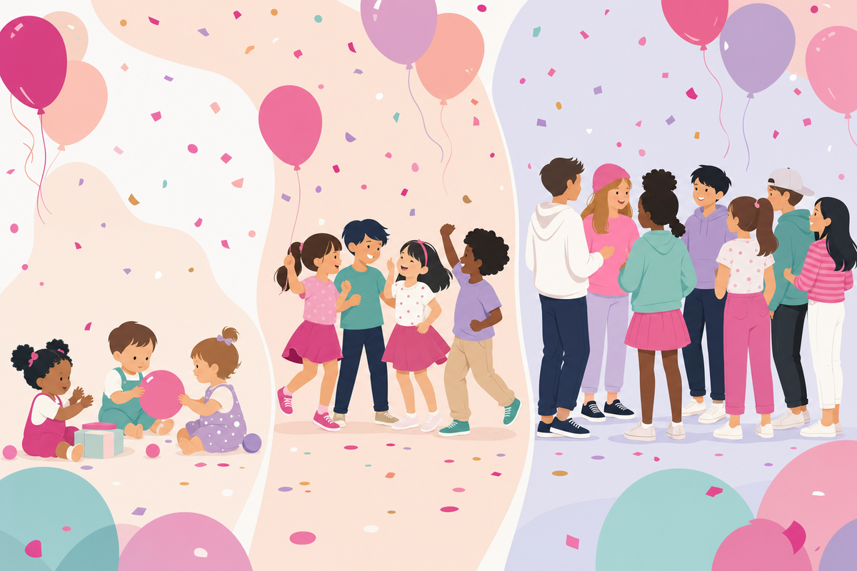 Illustration showing different sized groups of children representing age-appropriate party guest counts, with festive balloons and confetti accents