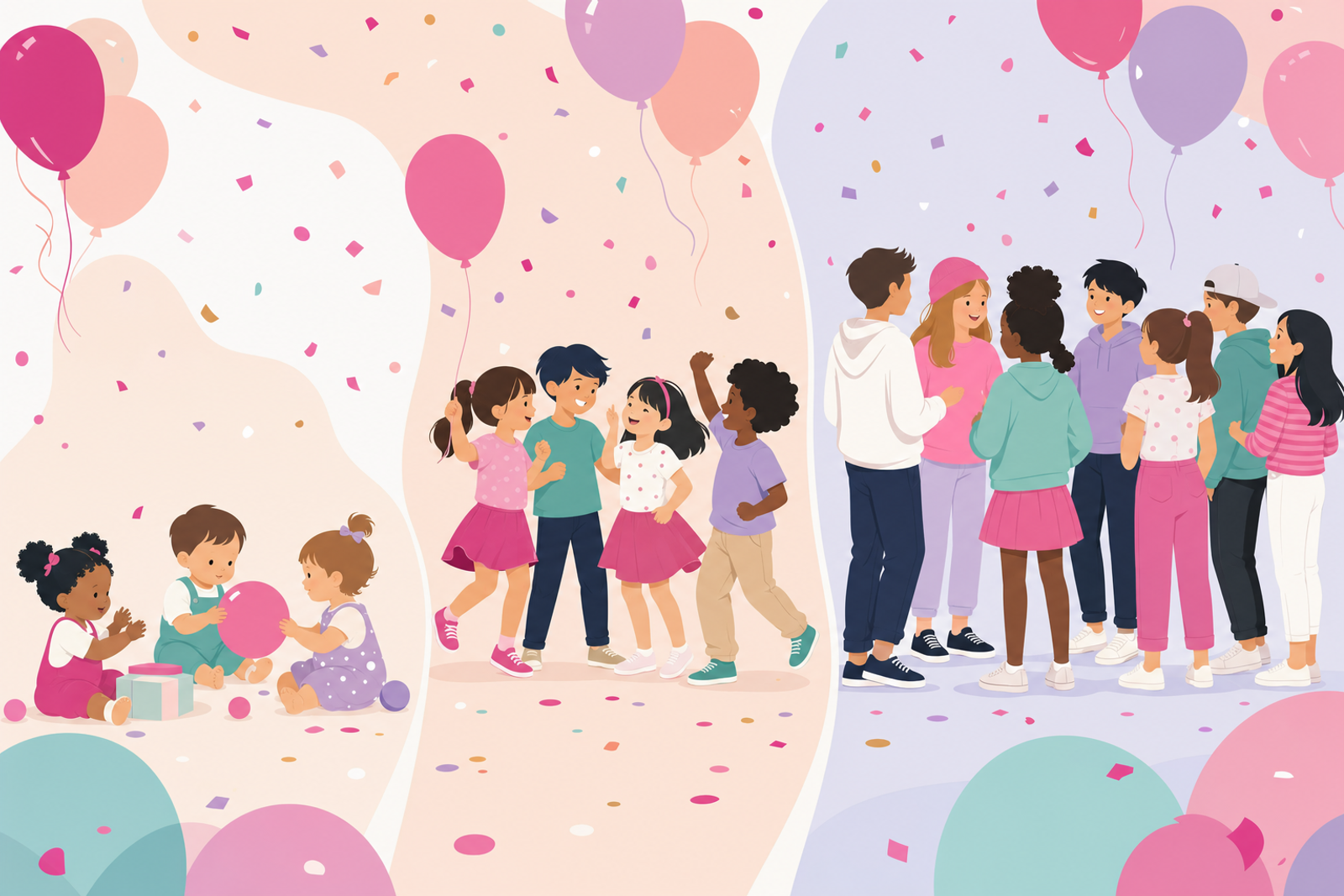 Illustration showing different sized groups of children representing age-appropriate party guest counts, with festive balloons and confetti accents