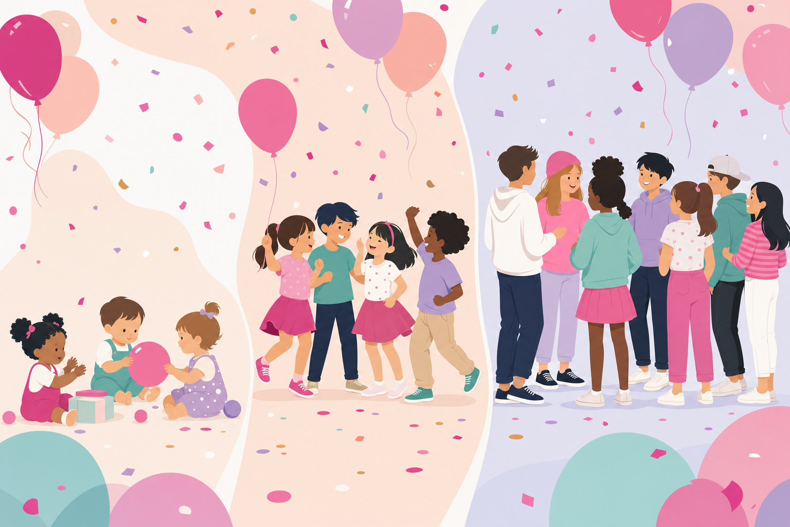 Illustration showing different sized groups of children representing age-appropriate party guest counts, with festive balloons and confetti accents