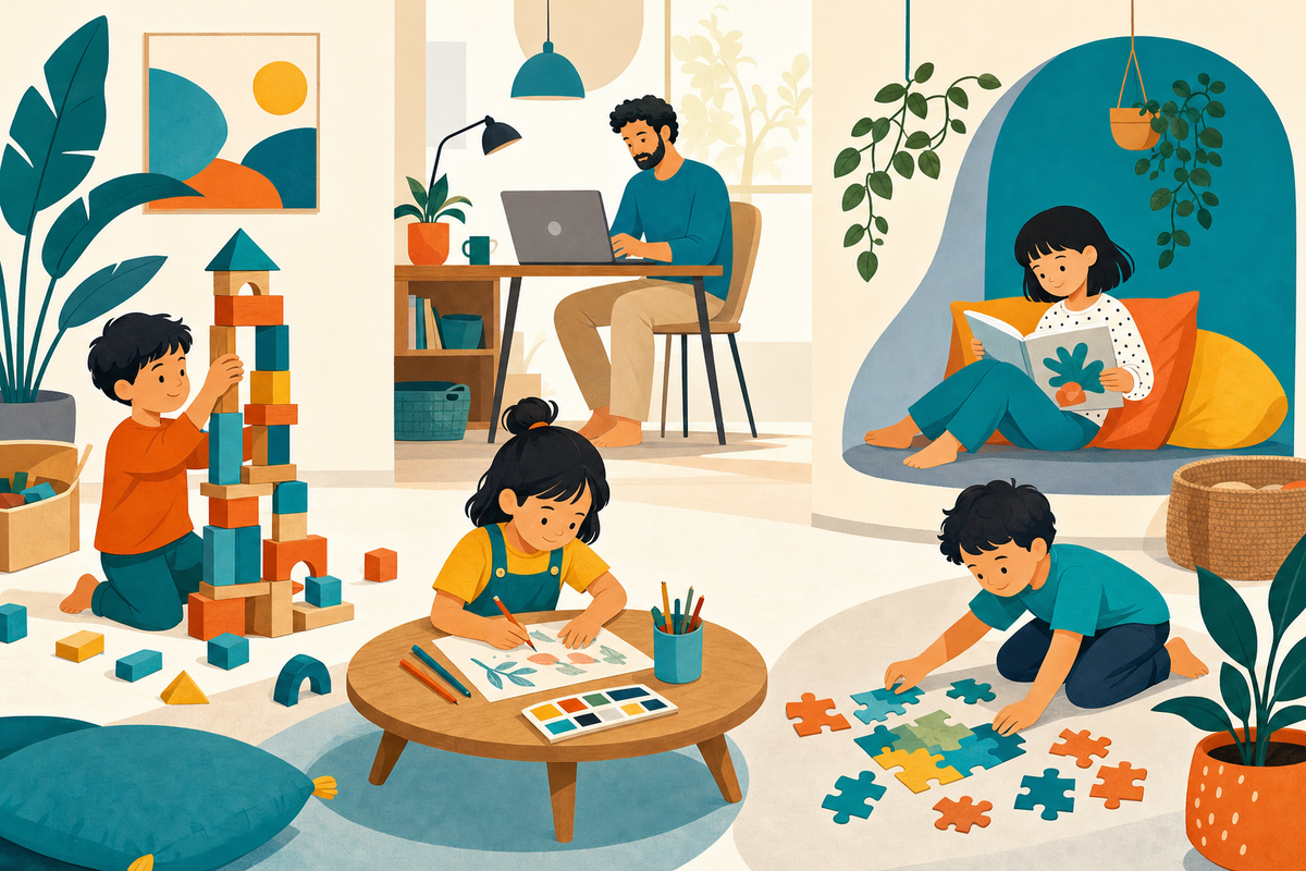 Flat illustration of a parent working on a laptop while children nearby quietly play with blocks, draw, read, and do puzzles in a bright, modern home setting.