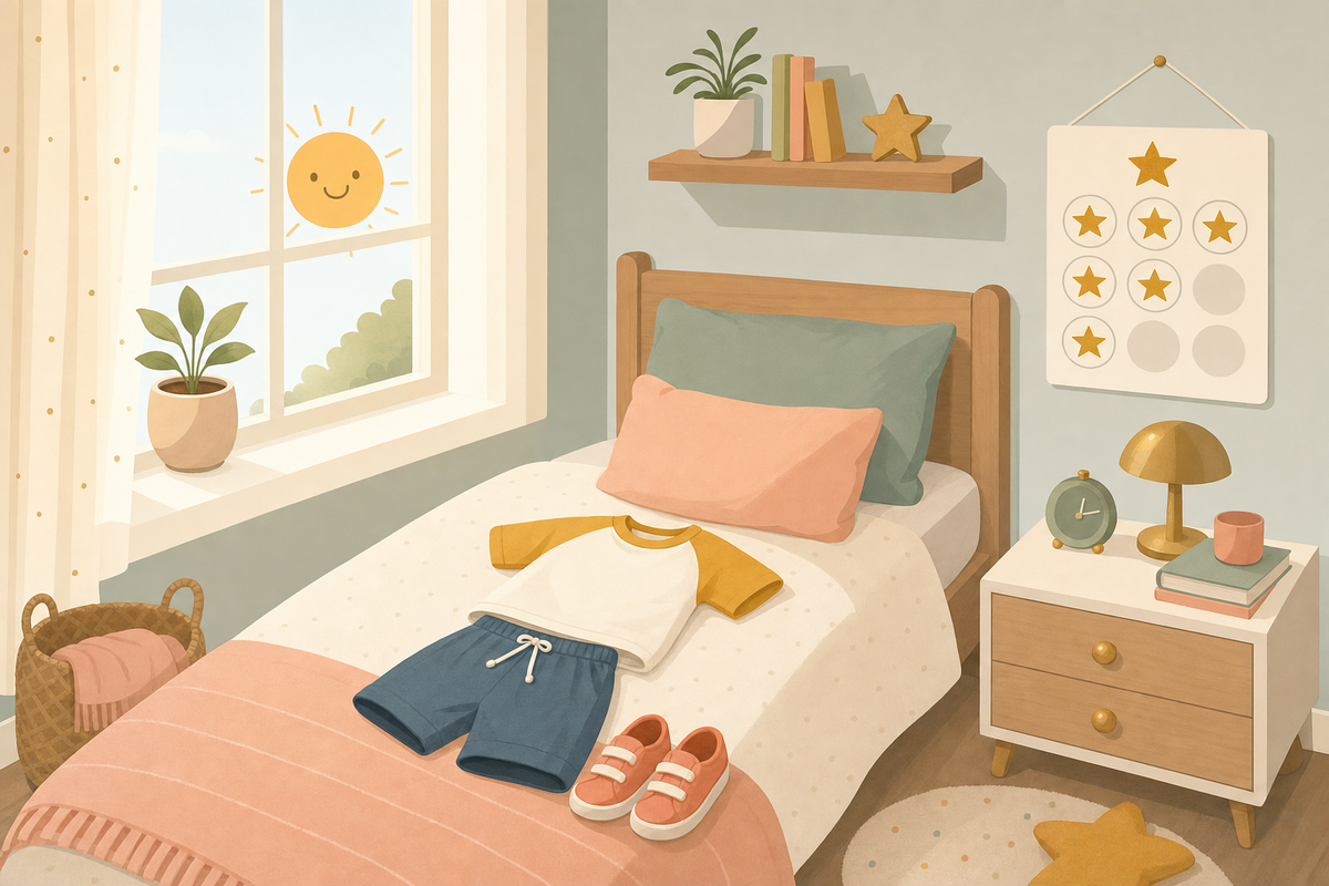 Illustration of a calm morning bedroom scene with laid out children's clothes and a sticker chart on the wall