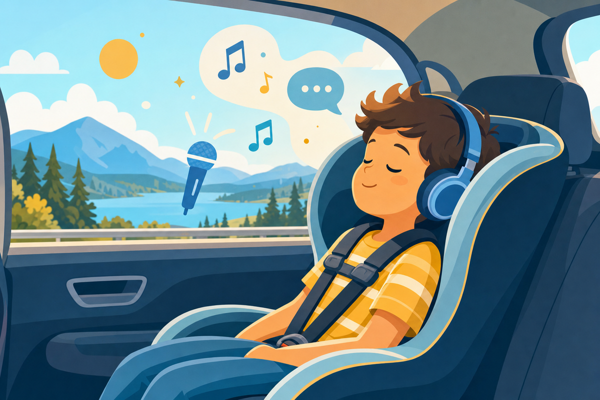 Child peacefully enjoying audio activities in car with closed eyes and headphones, representing screen-free motion sickness-friendly entertainment