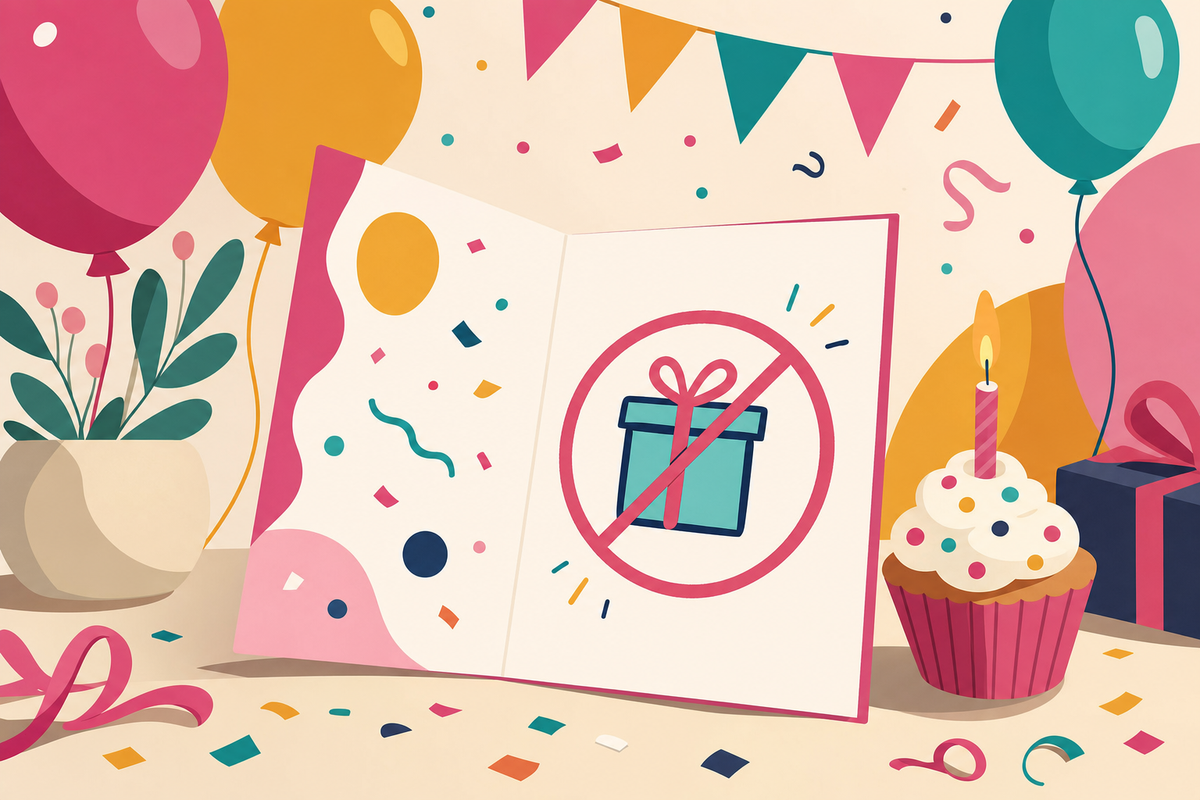 Flat illustration of a birthday invitation card with a no-gifts symbol, surrounded by balloons and confetti, representing polite no-gift party invitation wording.