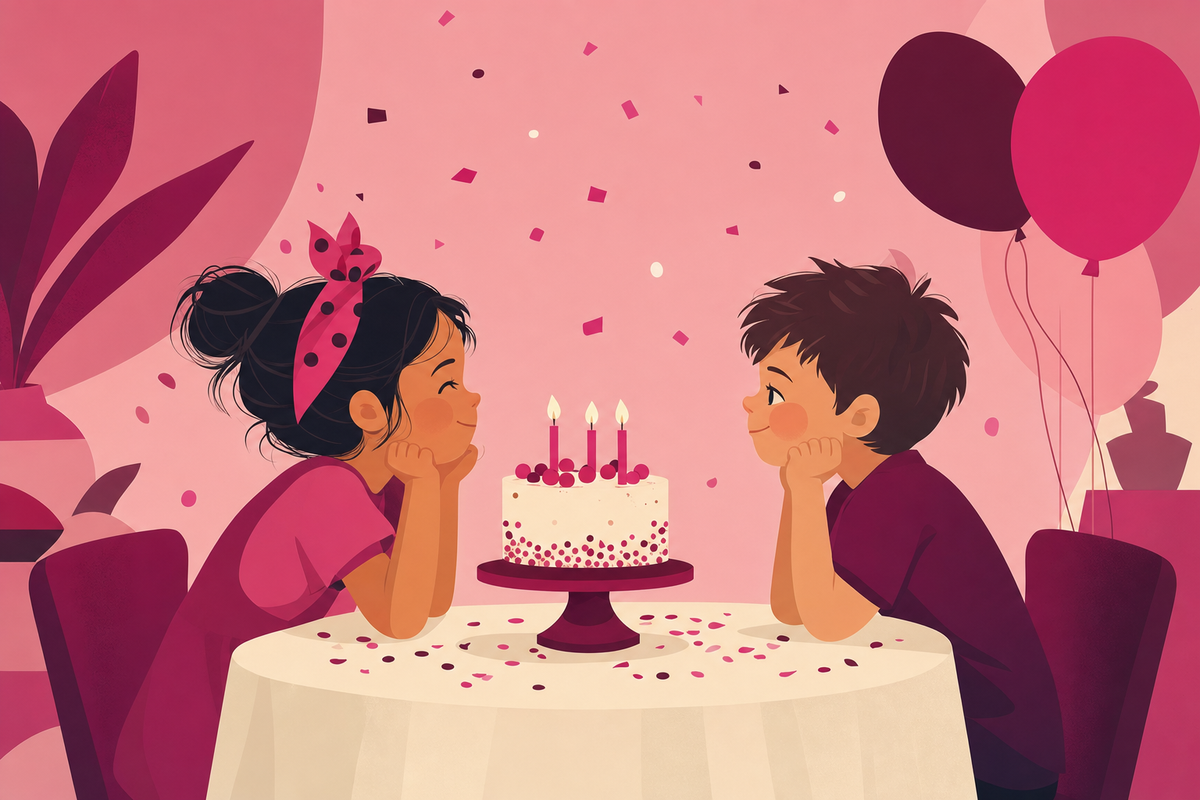 Two children celebrating intimately at a small birthday party with cake and balloons