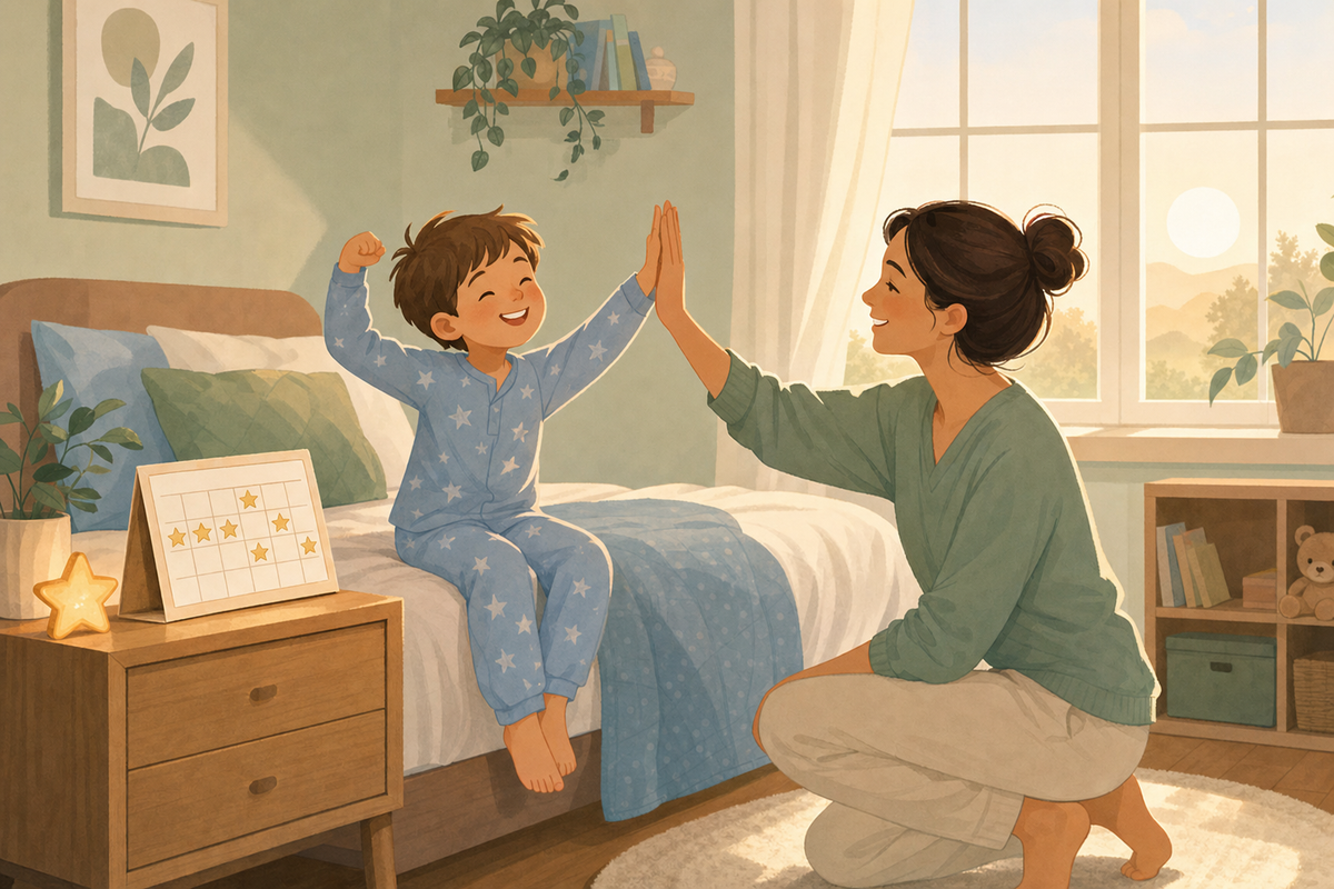 Flat illustration of a child and parent sharing a warm high-five beside a bed with a simple gold-starred reward chart, symbolizing gentle, shame-free encouragement for dry nights.