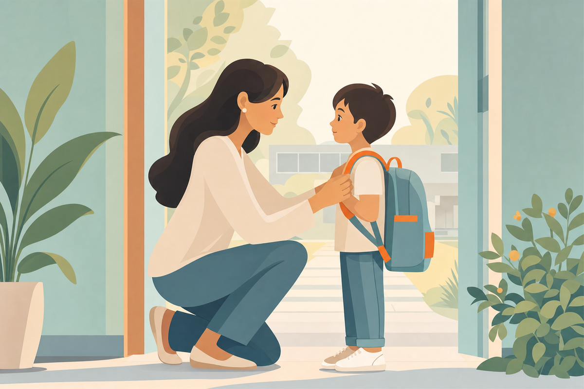 Parent kneeling at child's level during school drop-off, depicting a calm morning goodbye routine