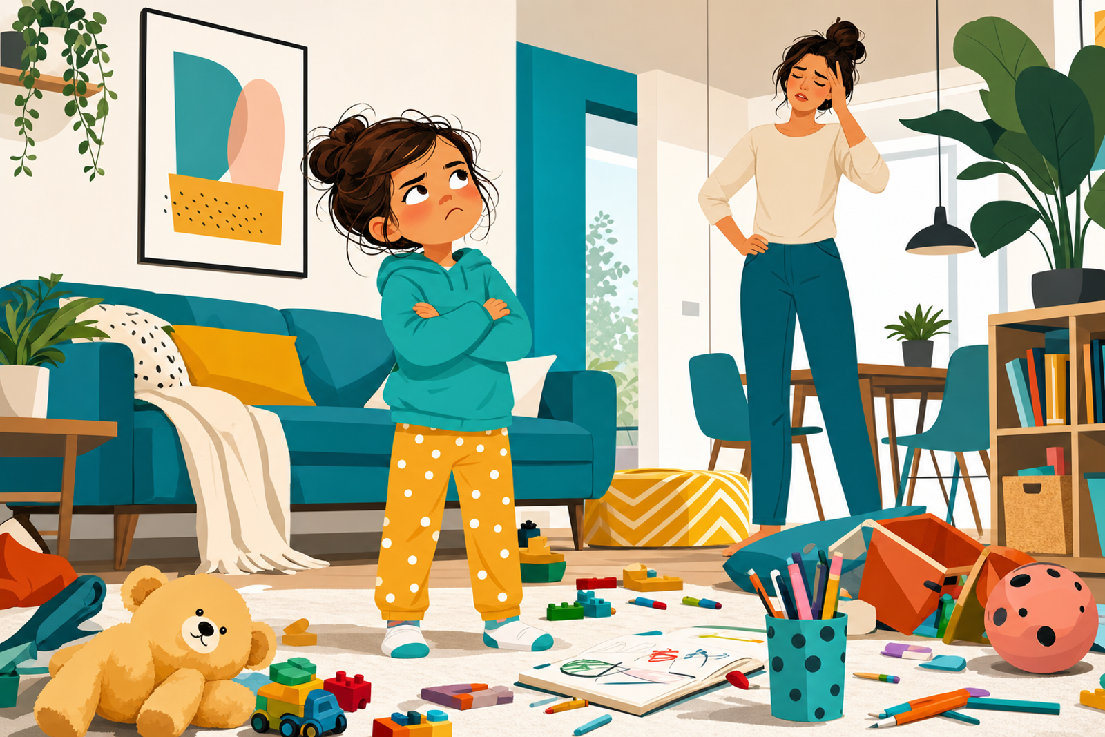 Illustration of a bored young child in a living room surrounded by toys while parent looks on