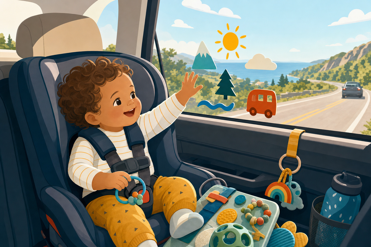 Toddler playing with sensory toys in car seat during road trip
