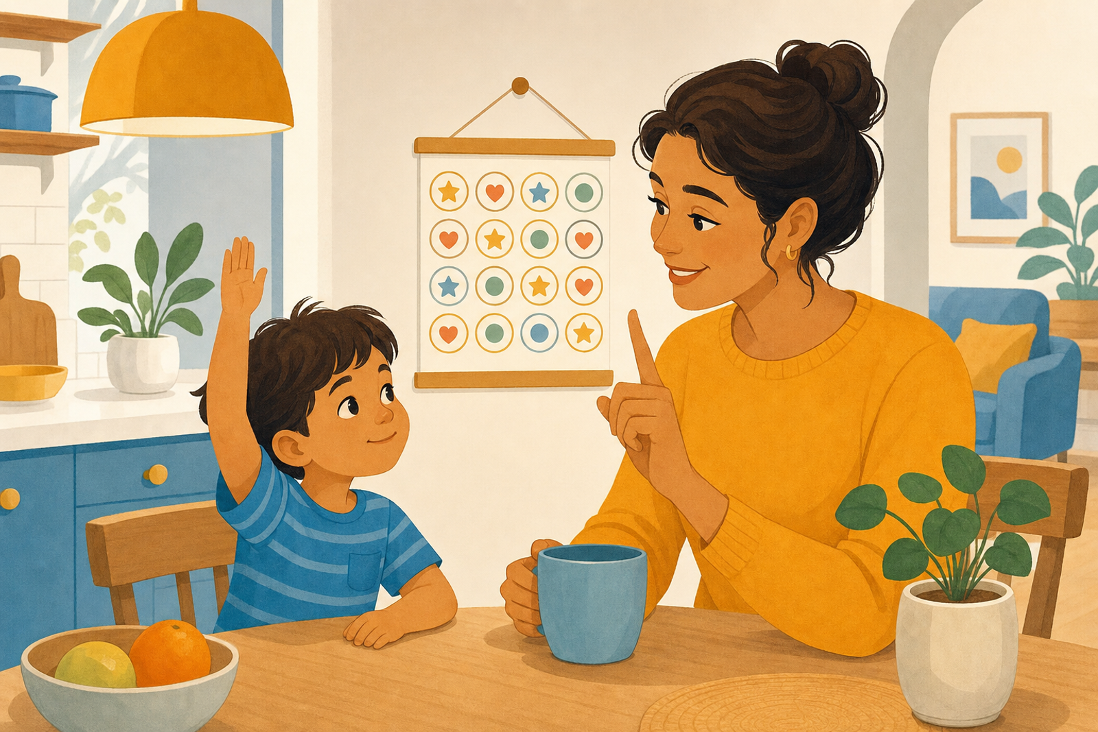 Parent and child practicing turn-taking at kitchen table with sticker chart visible on wall