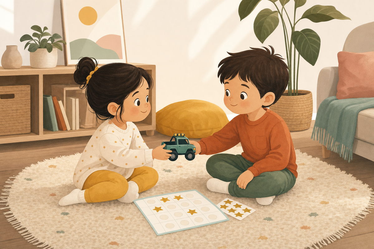 Two siblings calmly sharing a toy next to a sticker chart with gold star stickers, illustrating peaceful cooperation.