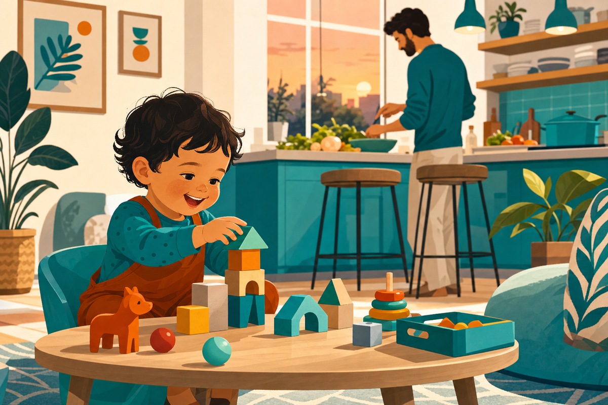 Toddler playing independently with toys at a table while parent cooks dinner in the background