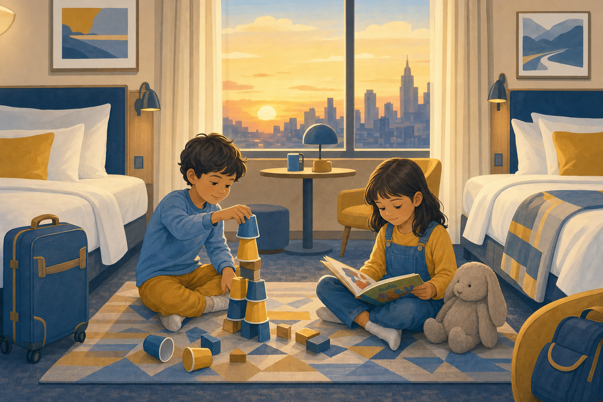 Flat illustration of two children playing quietly with blocks and a book on the floor of a warm-toned hotel room, representing screen-free hotel activities for kids.