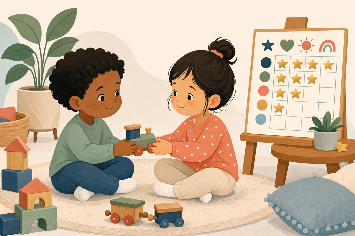 Illustration of two children happily taking turns with a toy next to a colorful printable sticker chart decorated with gold star stickers.