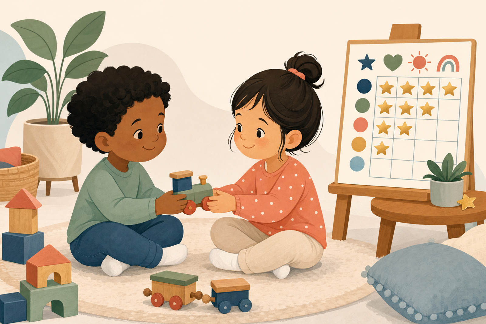Illustration of two children happily taking turns with a toy next to a colorful printable sticker chart decorated with gold star stickers.